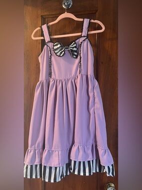 Lolita Lavender  Dress with Black Trim and Striped Bow
